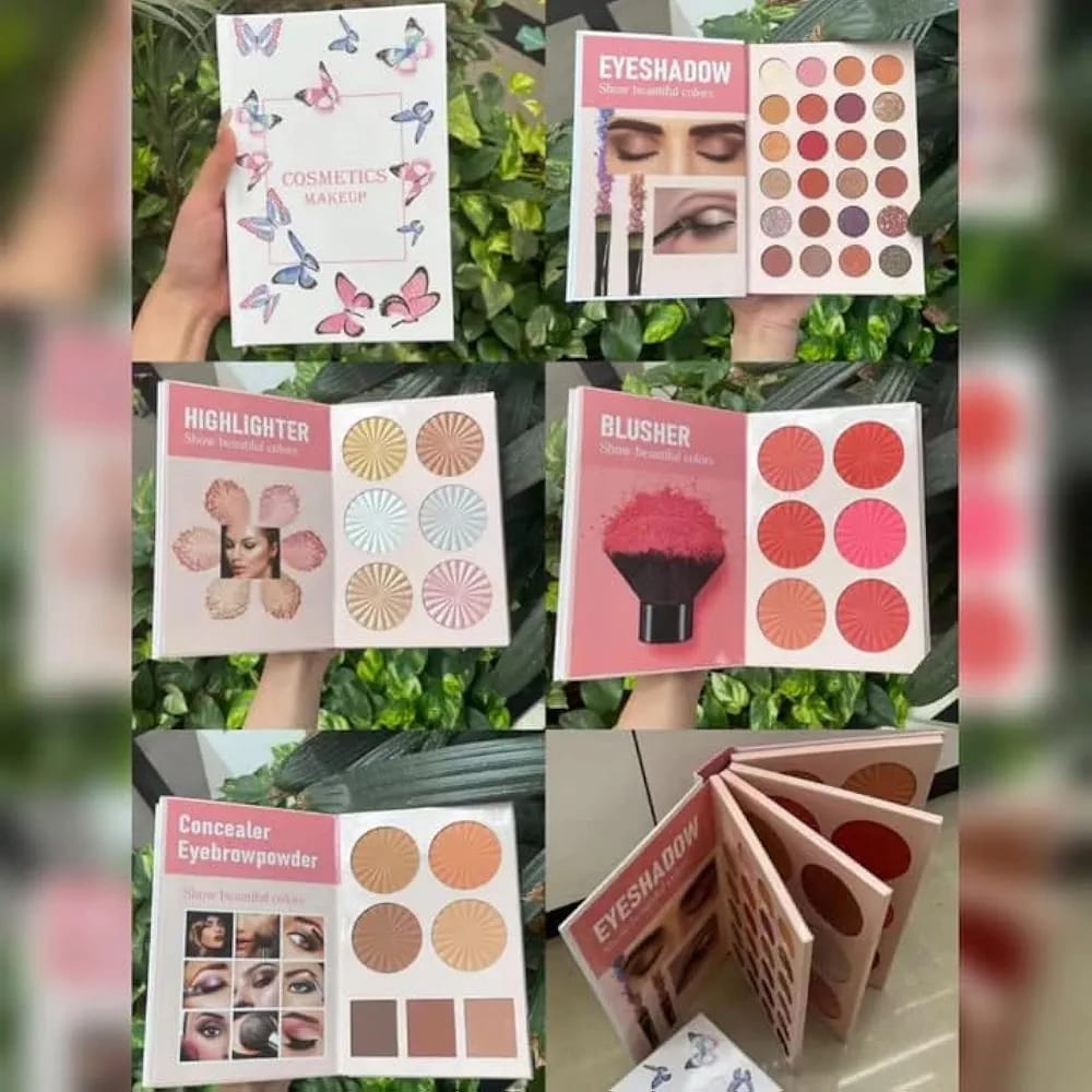 A complete 4-in-1 professional makeup palette for face, eyes, and eyebrows.