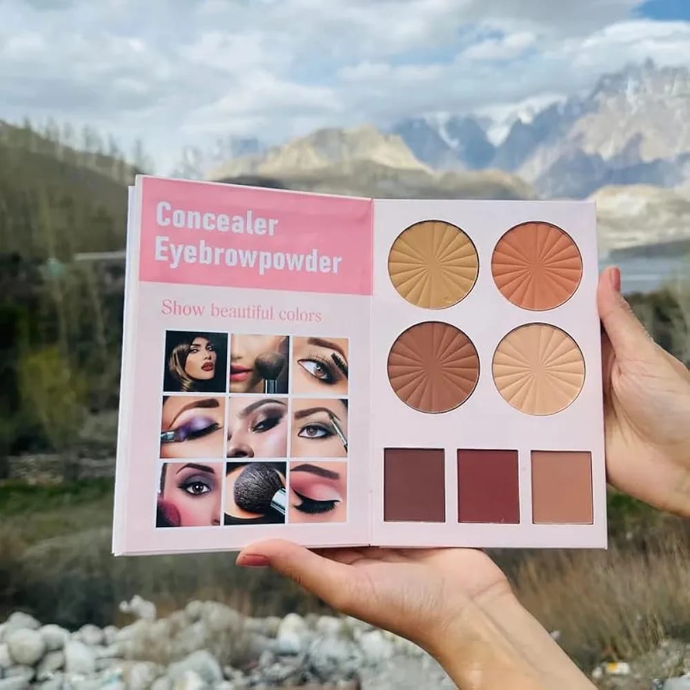 A complete 4-in-1 professional makeup palette for face, eyes, and eyebrows.