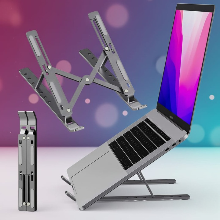 A portable, adjustable steel laptop stand