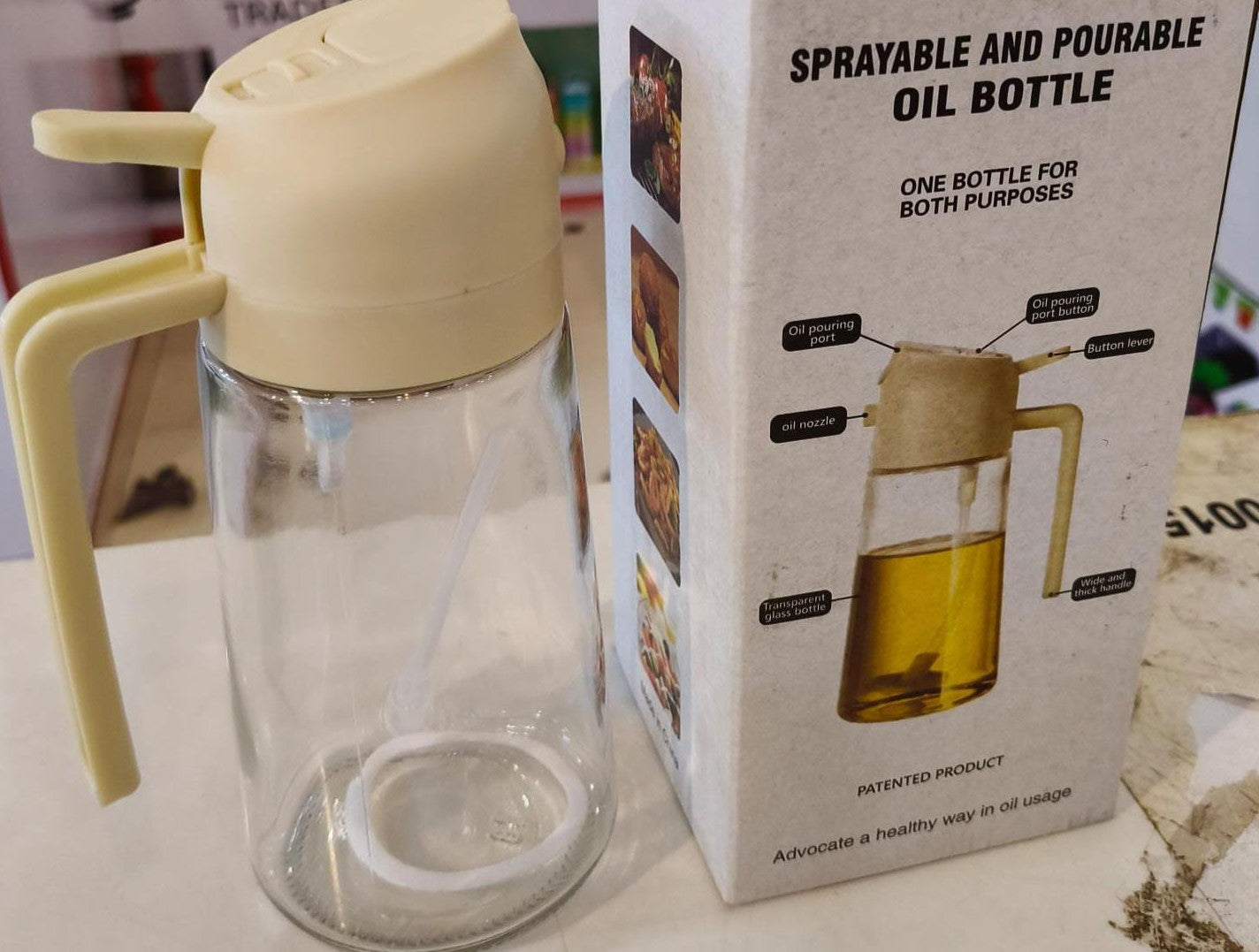 2-in-1 Oil Spray Bottle | Adjustable Mist & Dispenser | 470ml Leak-Proof Glass Container | For Cooking, BBQ, Baking & Air Fryer 380ml (Random Color)