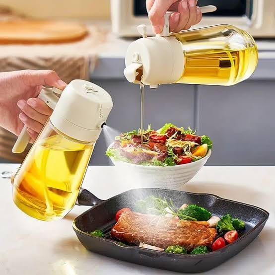 2-in-1 Oil Spray Bottle | Adjustable Mist & Dispenser | 470ml Leak-Proof Glass Container | For Cooking, BBQ, Baking & Air Fryer 380ml (Random Color)