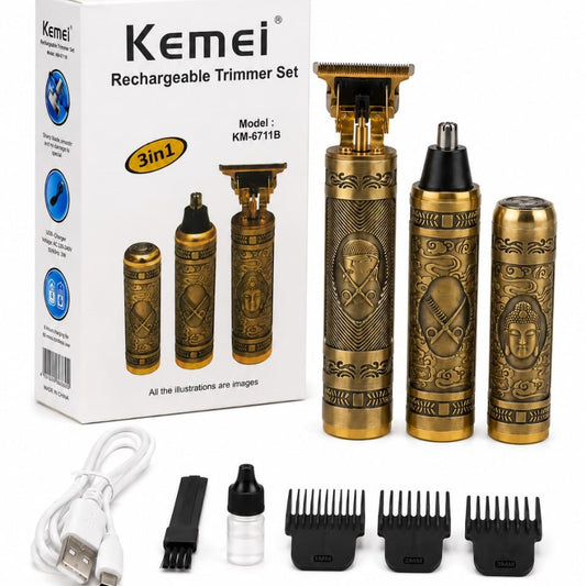 A versatile 3-in-1 rechargeable grooming set designed for everyday shaving