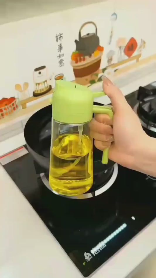 A leak-proof 2-in-1 glass oil sprayer and dispenser